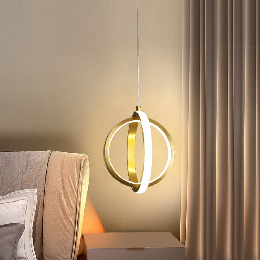 Lampadario Geometrico Dorato a Sospensione con 2 Anelli LED in Ottone