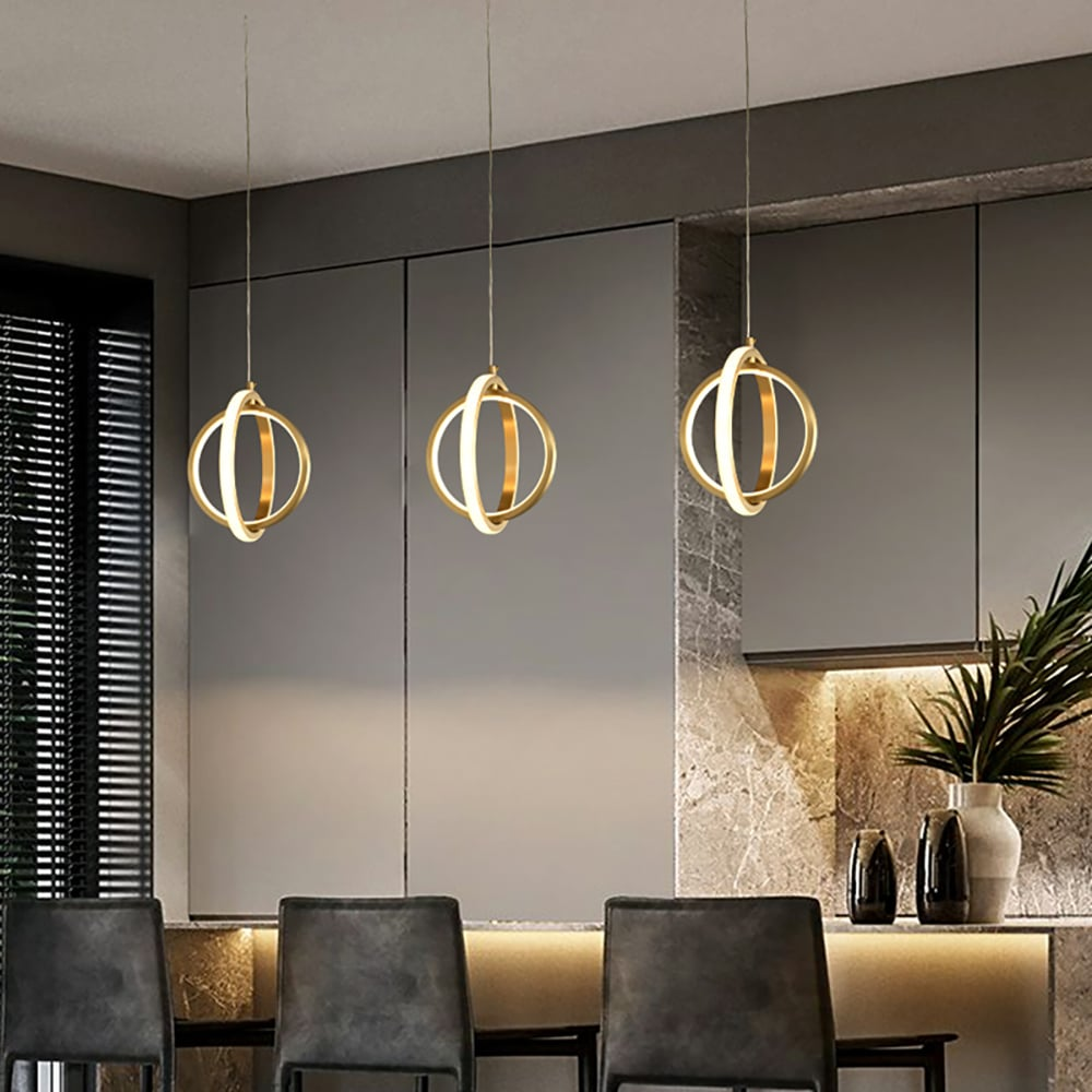 Lampadario Geometrico Dorato a Sospensione con 2 Anelli LED in Ottone