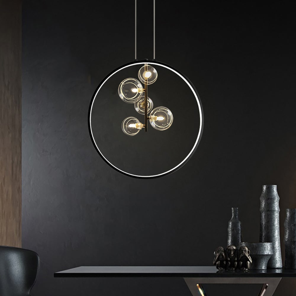 Lampada a Sospensione Nera Minimalista con Globo in Vetro LED