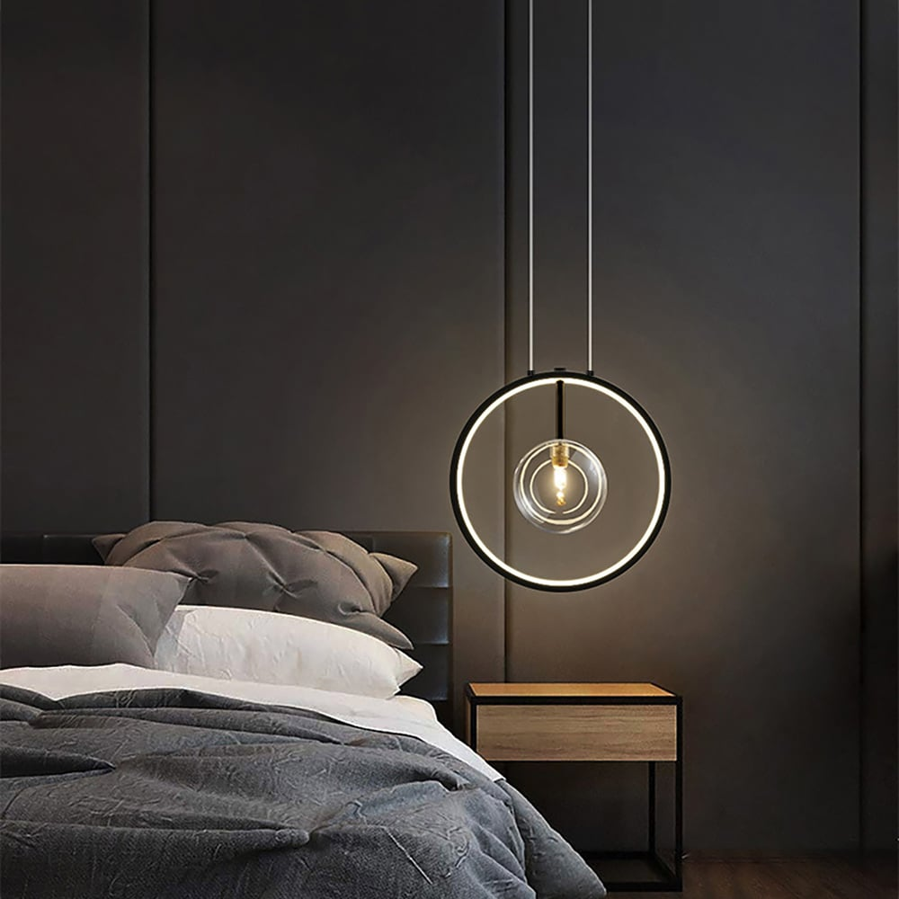 Lampada a Sospensione Nera Minimalista con Globo in Vetro LED