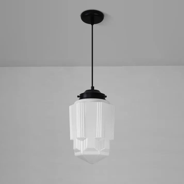 Lampada a sospensione geometrica a barattolo in vetro bianco latte vintage